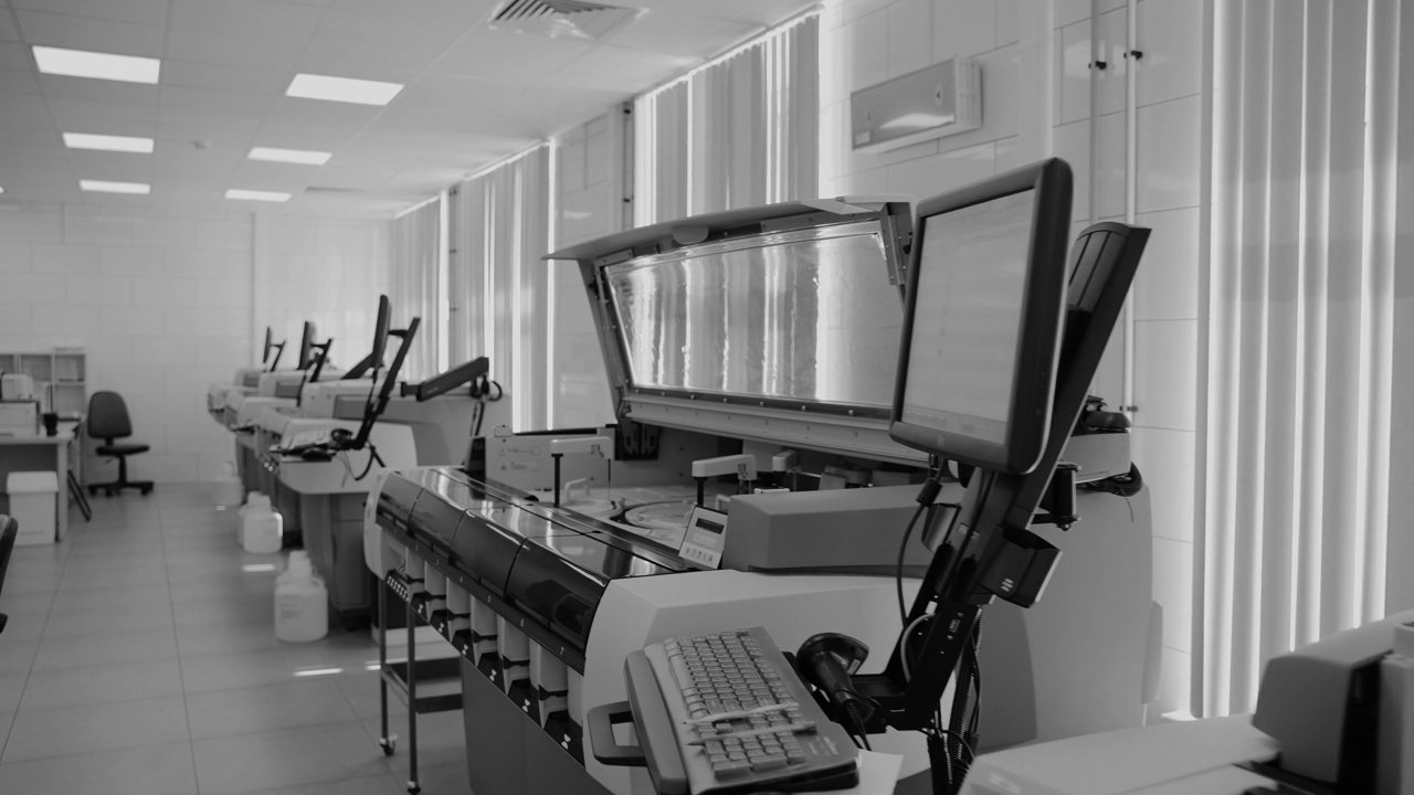 Automated laboratory analysers on a bench, running unattended