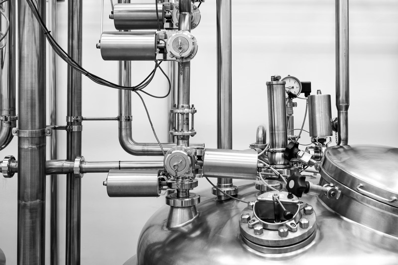 Stainless-steel process vessel with sanitary piping, valves and a pressure gauge